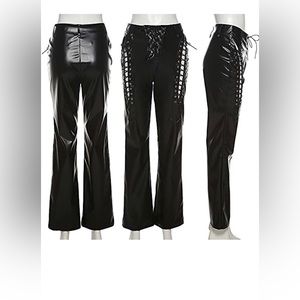 Leather Pants Bandage Drawstring Low Rise Flare pants